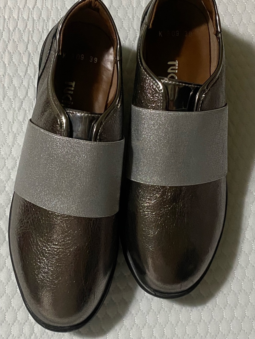 Metallic Bronze Slip-On Loafers with Wide Elastic Strap